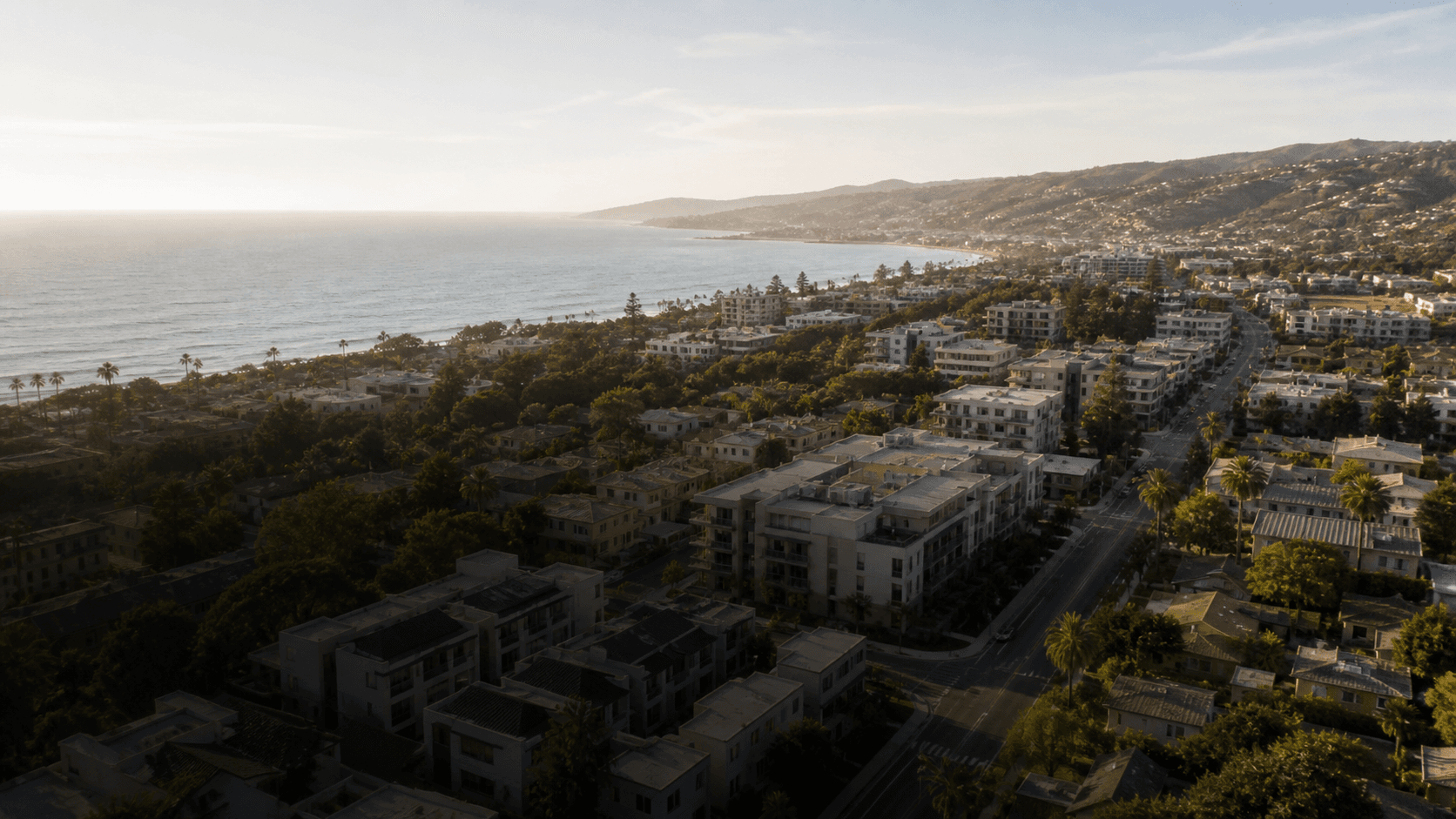 A coastal California community at golden hour.